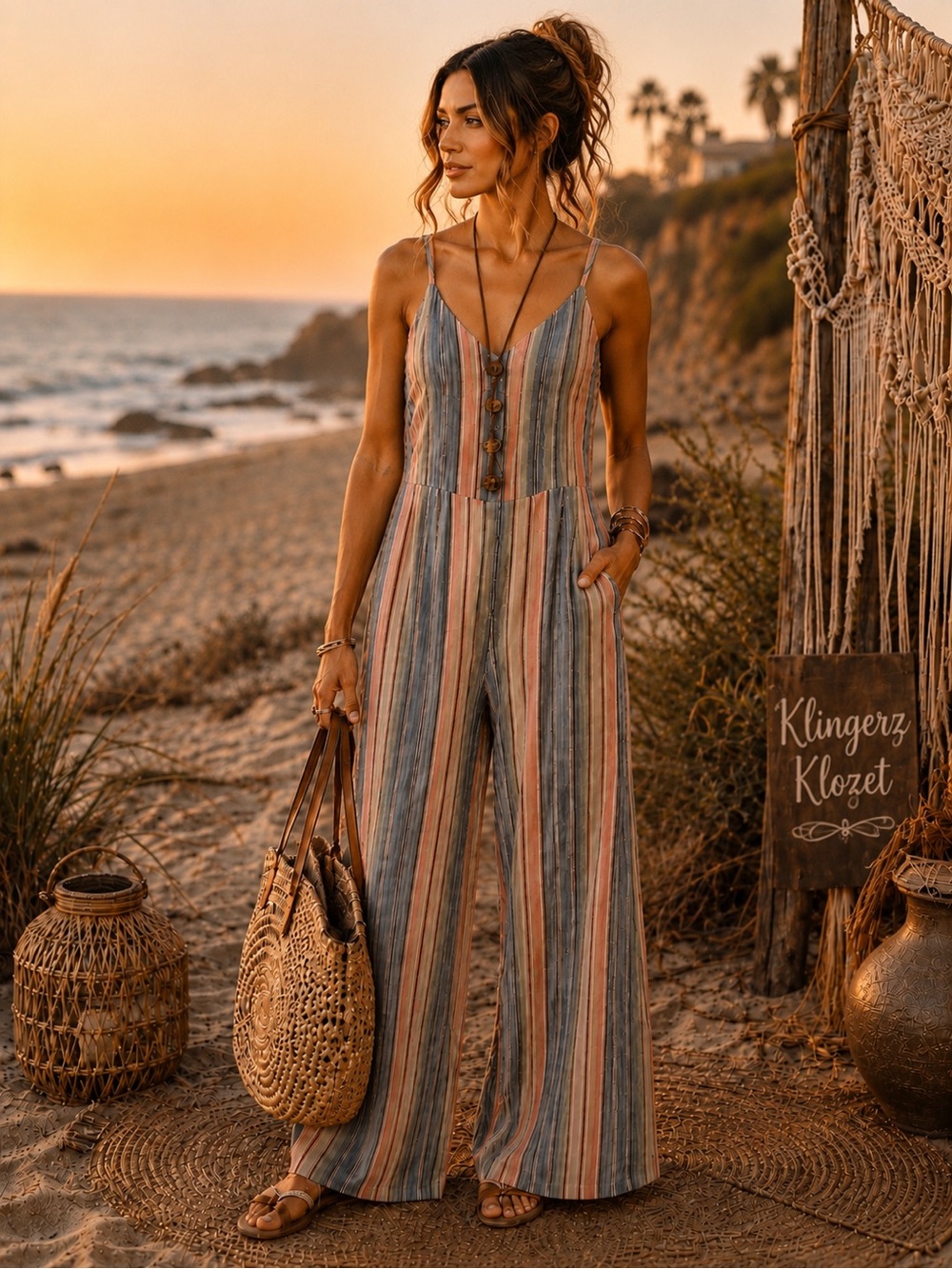 Indigo Rein Striped Linen Blend Open Back Wide Leg Jumpsuit | XL | Boho Beach